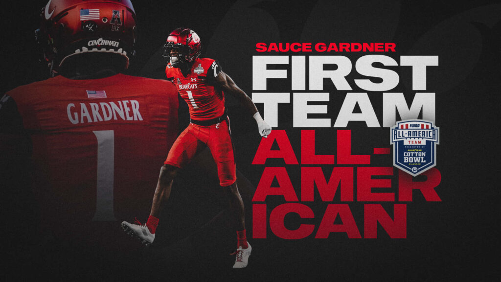 Ahmad Sauce Gardner celebrating First Team All American with Cincinnati action wallpaper background
