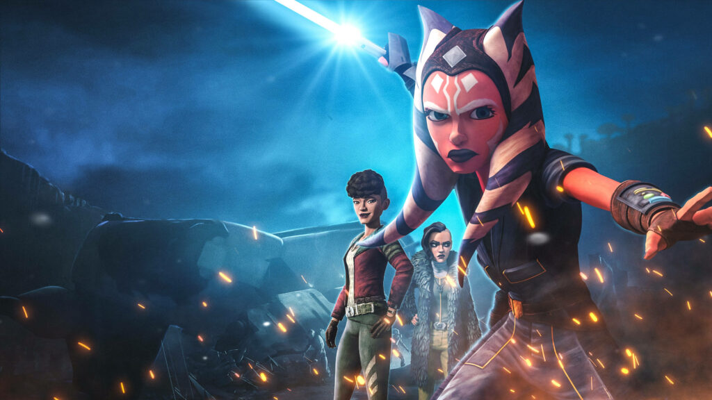 Dynamic Ahsoka Tano Wallpaper: Intense Battle Stance Background