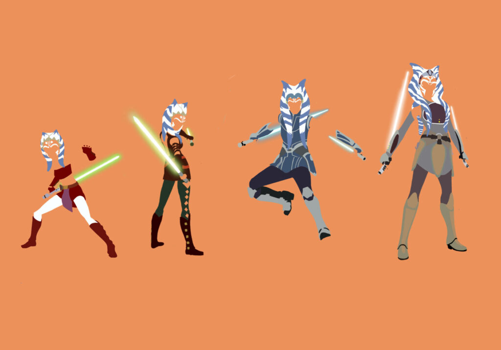 Ahsoka Tano wallpaper showing her iconic poses and outfits highlighting Star Wars evolution