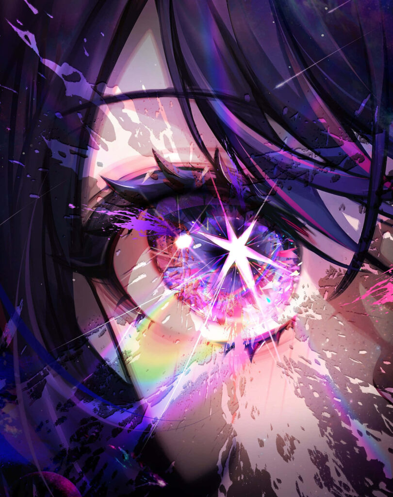 Close-up of Ai Hoshino eye with vibrant cosmic colors and dynamic light bursts abstract wallpaper background