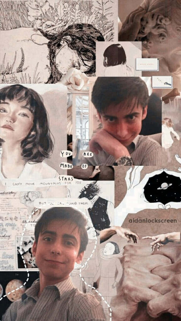 Creative collage wallpaper of Aidan Gallagher with artistic sketches handwritten notes and photos