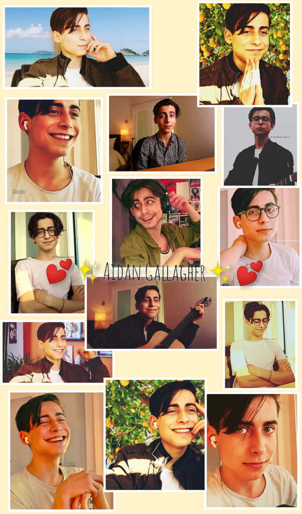 Collage wallpaper of Aidan Gallagher with diverse expressions including him wearing glasses