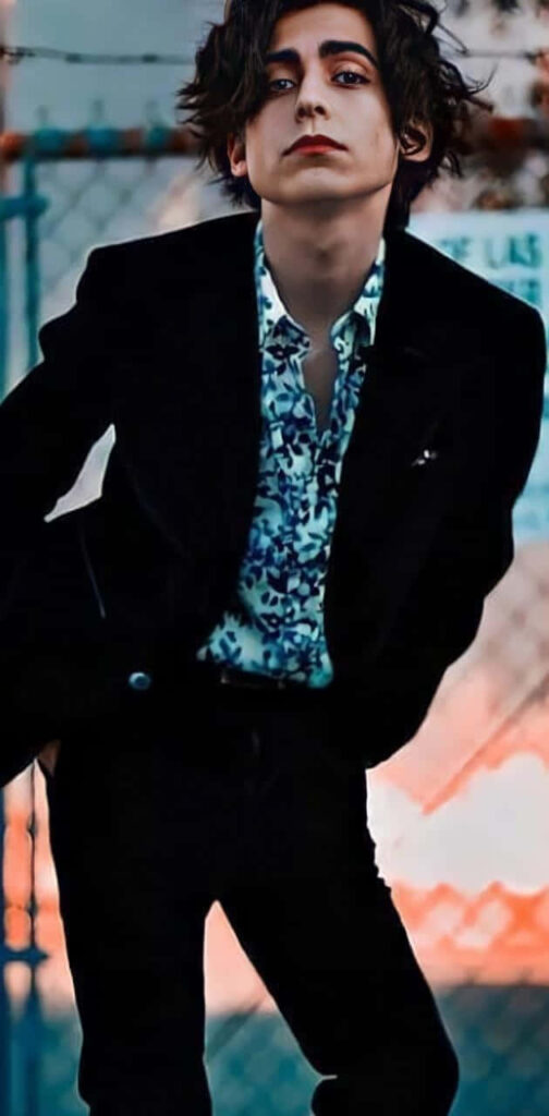 Aidan Gallagher leaning on fence in sharp suit and patterned shirt modern confident style wallpaper