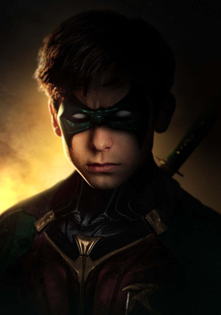 Aidan Gallagher in superhero costume and mask with determined expression dramatic lighting wallpaper