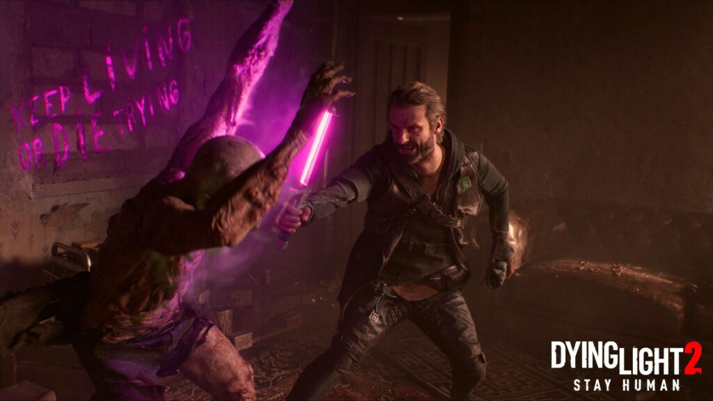 Aiden Caldwell in Dying Light 2 fighting infected under neon pink light with gritty survival horror style Wallpaper