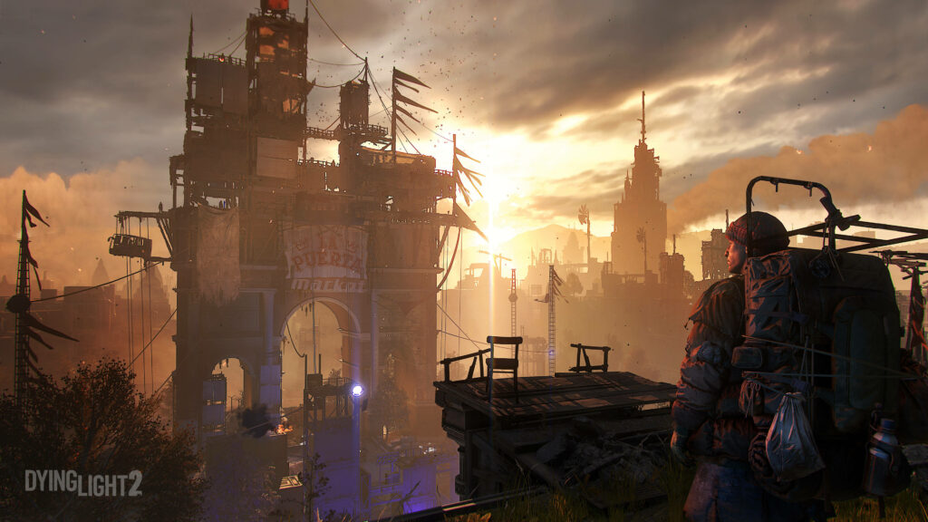 Aiden Caldwell overlooking Dying Light 2 Bazaar at sunset with towering structures and survivors Wallpaper