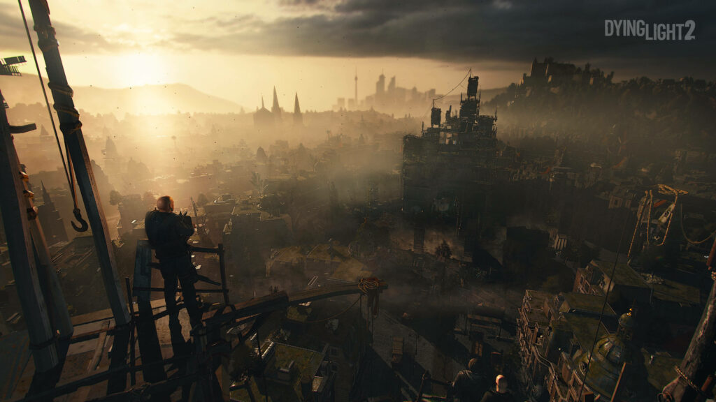 Aiden Caldwell on rooftop at sunrise overlooking misty post-apocalyptic city Dying Light 2 Wallpaper