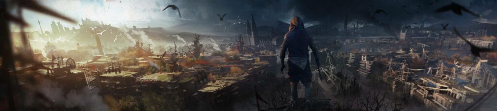 Aiden Caldwell on rooftop overlooking post-apocalyptic Dying Light 2 city with moody sky Wallpaper