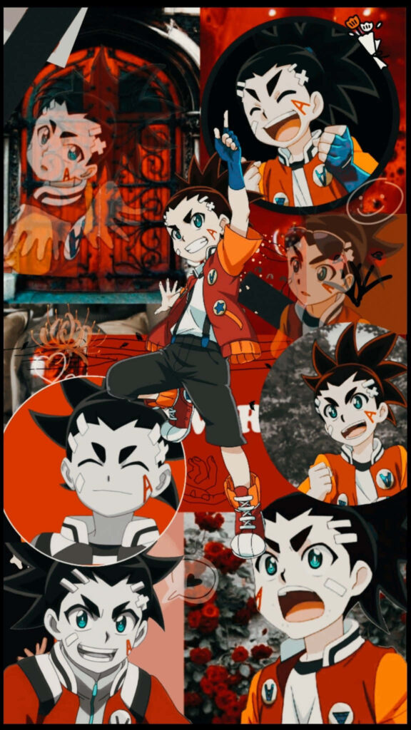 Aiga Akaba anime collage wallpaper vibrant red orange background dynamic action poses
