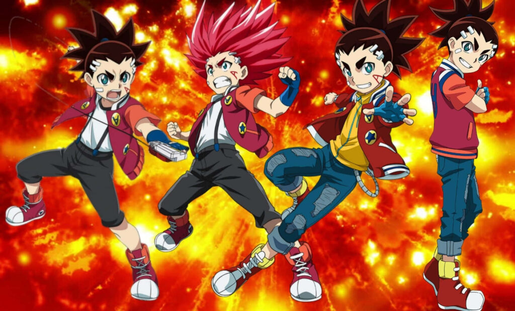 Aiga Akaba from Beyblade Burst in dynamic action poses with fiery animated hero background Wallpaper