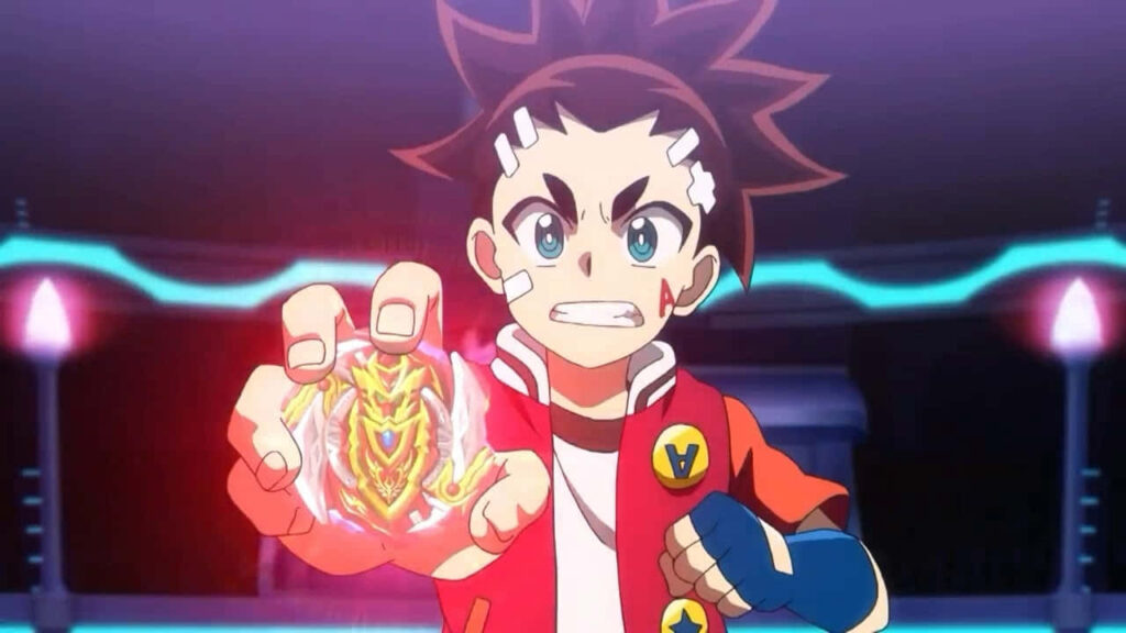 Aiga Akaba excited young Beyblade champion holding Beyblade with vibrant dynamic background Wallpaper