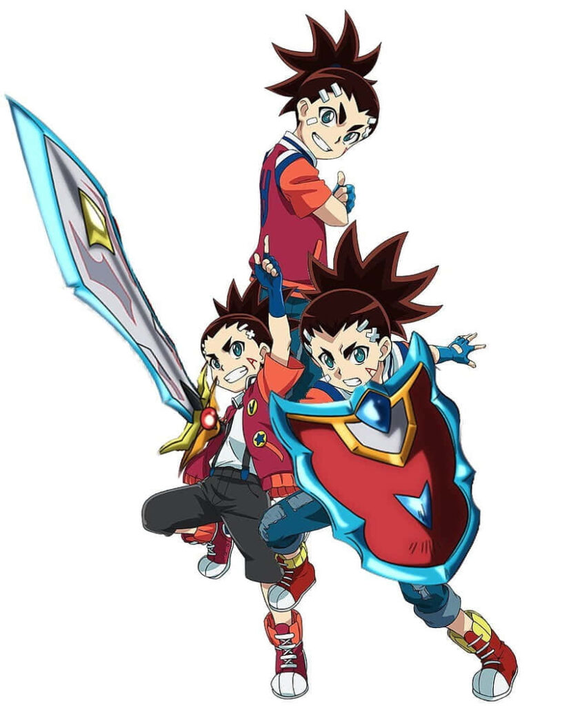 Aiga Akaba dynamic poses with sword and shield animated adventure hero wallpaper background