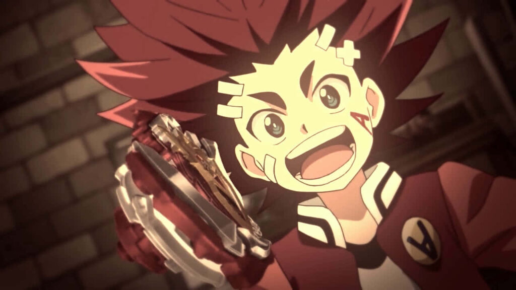 Aiga Akaba excitedly showing his gauntlet in dynamic anime wallpaper background vibrant energy