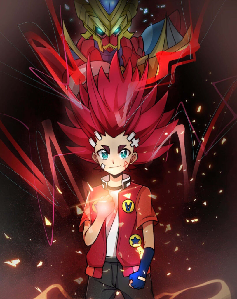 Aiga Akaba with fiery energy and powerful Beyblade spirit in intense flaming animated wallpaper
