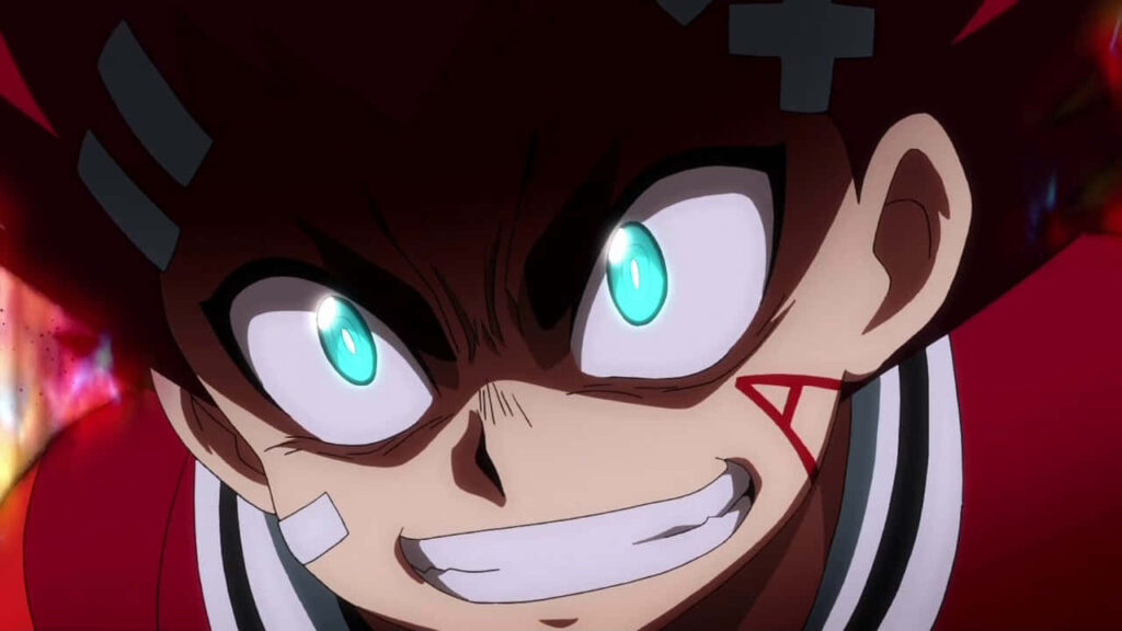 Close-up of Aiga Akaba fierce expression vibrant anime style intense wallpaper background