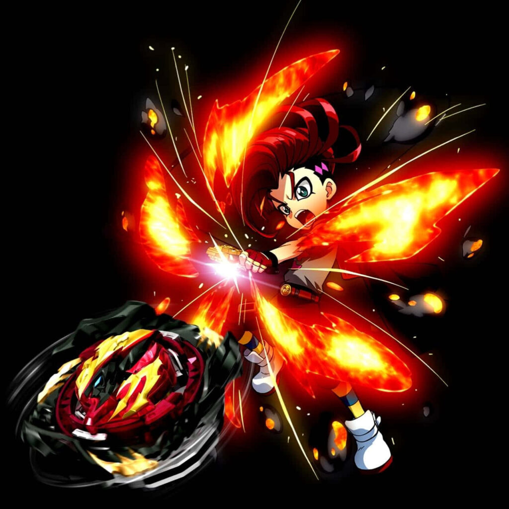 Aiga Akaba unleashing fiery energy with his Beyblade in dynamic intense animated wallpaper