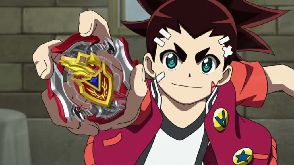 Aiga Akaba holding Beyblade confidently vibrant animated wallpaper Beyblade series energy