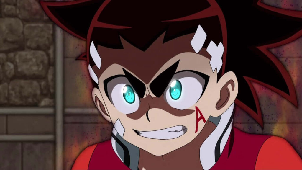 Animated Aiga Akaba wallpaper with vibrant red hair and striking green eyes intense expression