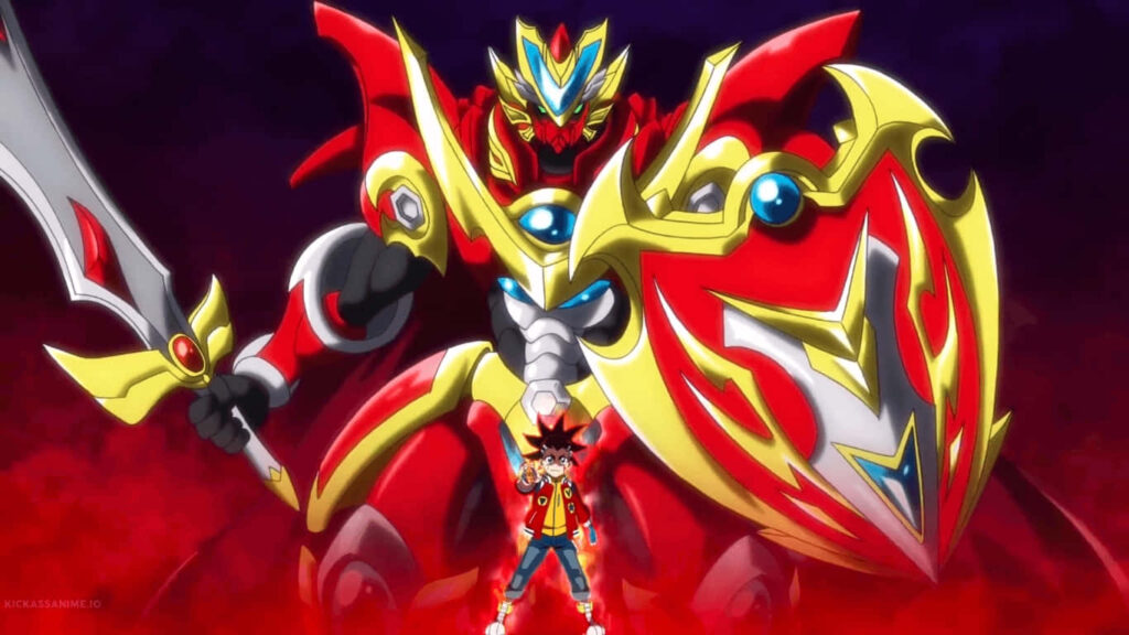 Aiga Akaba stands confidently with a red armored robot ready for action anime wallpaper background