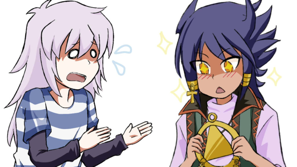 Aigami from Yu-Gi-Oh surprised holding Millennium Puzzle with energetic friend bright playful background Wallpaper
