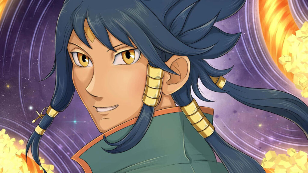 Aigami from Yu-Gi-Oh glowing with cosmic energy in a mystical thrilling wallpaper background