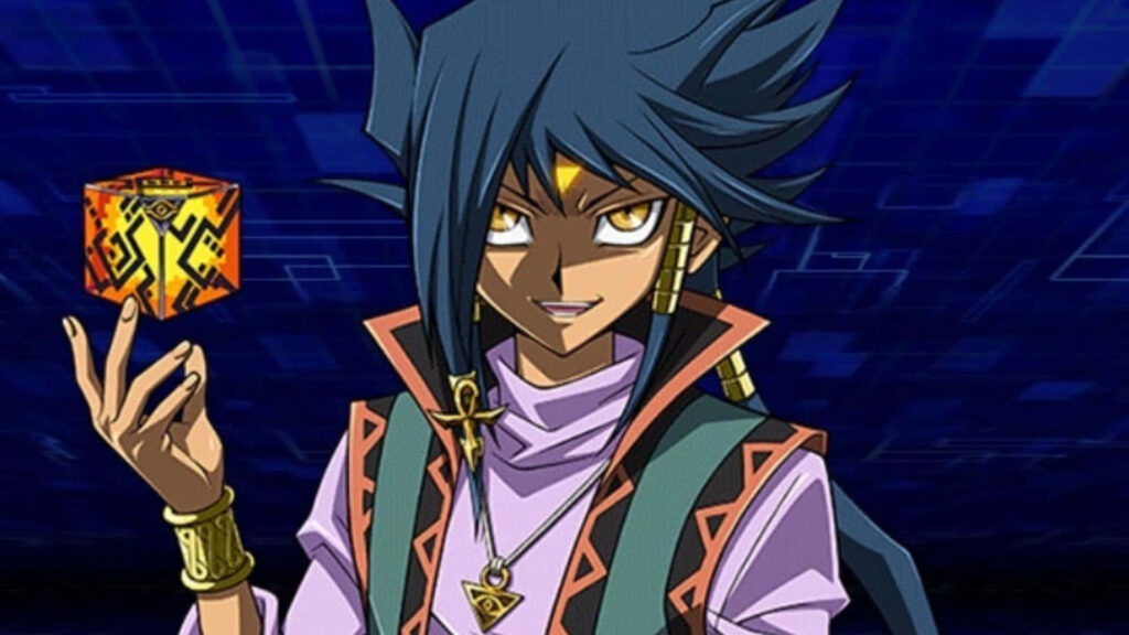 Aigami from Yu-Gi-Oh stands in cosmic landscape wielding powerful artifact mystical aura wallpaper