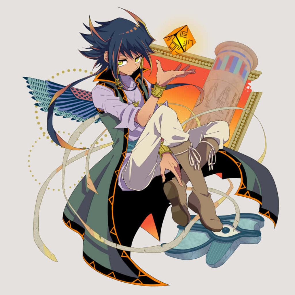 Aigami from Yu-Gi-Oh performing magical stunts with mystical symbols and ancient imagery background Wallpaper