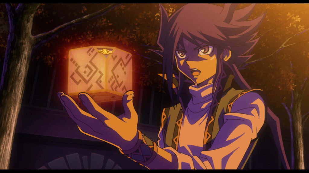 Aigami from Yu-Gi-Oh holding glowing mystical cube in cosmic landscape dramatic wallpaper background