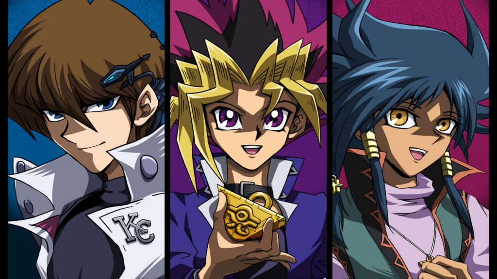 Vibrant Yu-Gi-Oh wallpaper featuring detailed Aigami and iconic characters with bold expressions