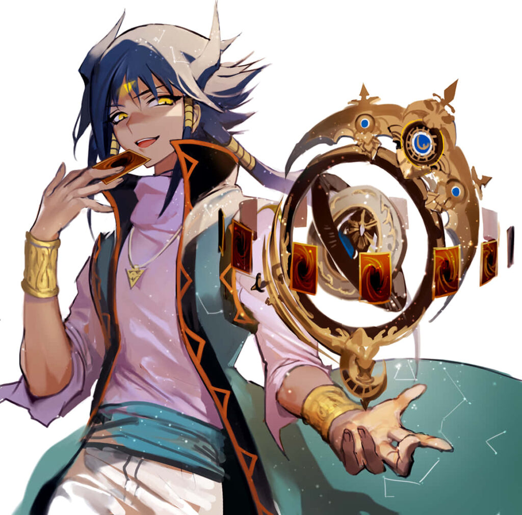Aigami Yu-Gi-Oh standing confident with mystical floating cards and ornate golden designs wallpaper