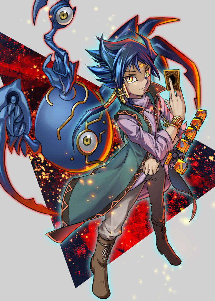 Aigami from Yu-Gi-Oh confident pose with duel card and mystical aura cosmic wallpaper background