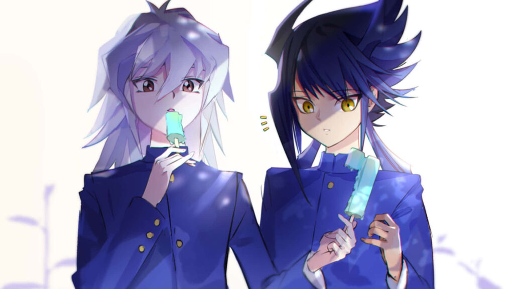 Aigami and Yu-Gi-Oh character in school uniforms sharing popsicles peaceful friendship wallpaper