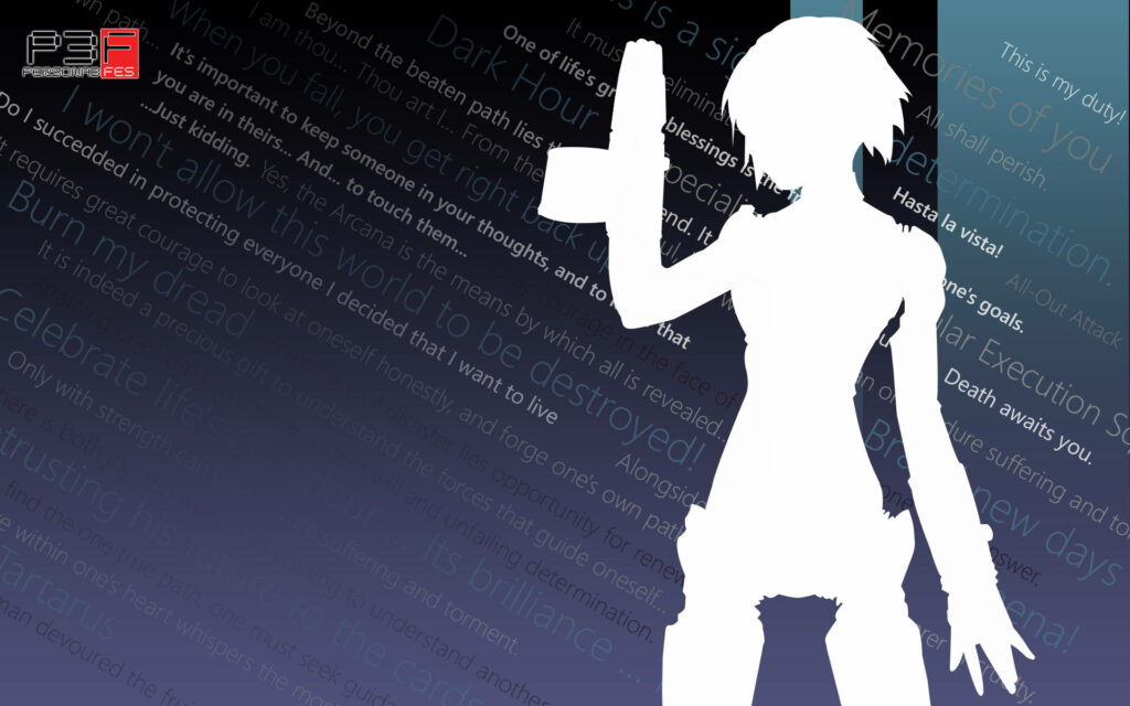 Dark and brooding Persona 3 Aigis silhouette against blue backdrop with existential phrases Wallpaper