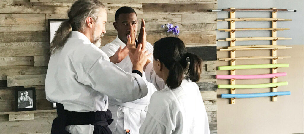 Aikido instructor demonstrating Nikyo wrist lock to students in dojo with practice swords displayed Wallpaper
