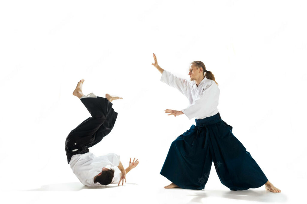 Aikido practitioners demonstrating dynamic Aiki-Nage technique with fluid movement and balance Wallpaper