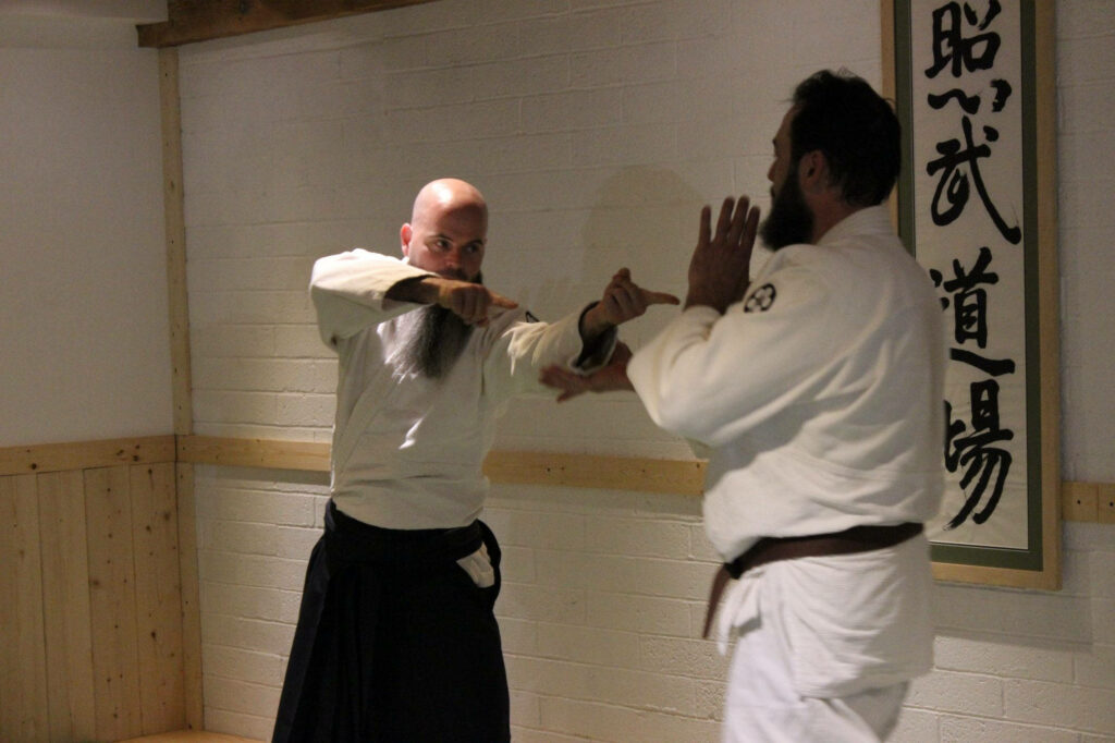 Aikido sensei demonstrating defensive technique to student in traditional dojo martial arts training Wallpaper