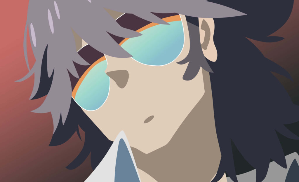 Aikuro Mikisugi confident pose with reflective sunglasses vibrant textured wallpaper background