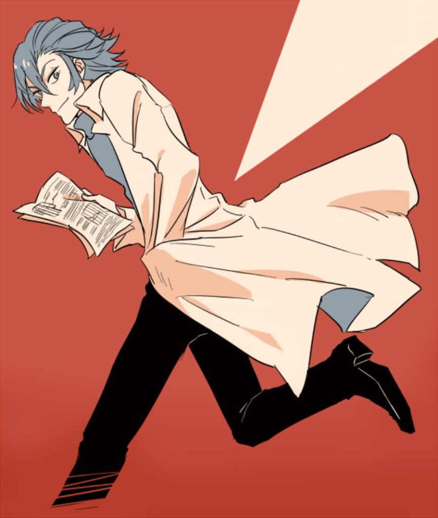 Aikuro Mikisugi in flowing coat holding papers with determined expression on red dynamic background Wallpaper