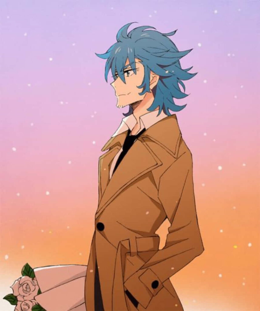 Aikuro Mikisugi in tan coat holding white roses at sunset serene wallpaper background