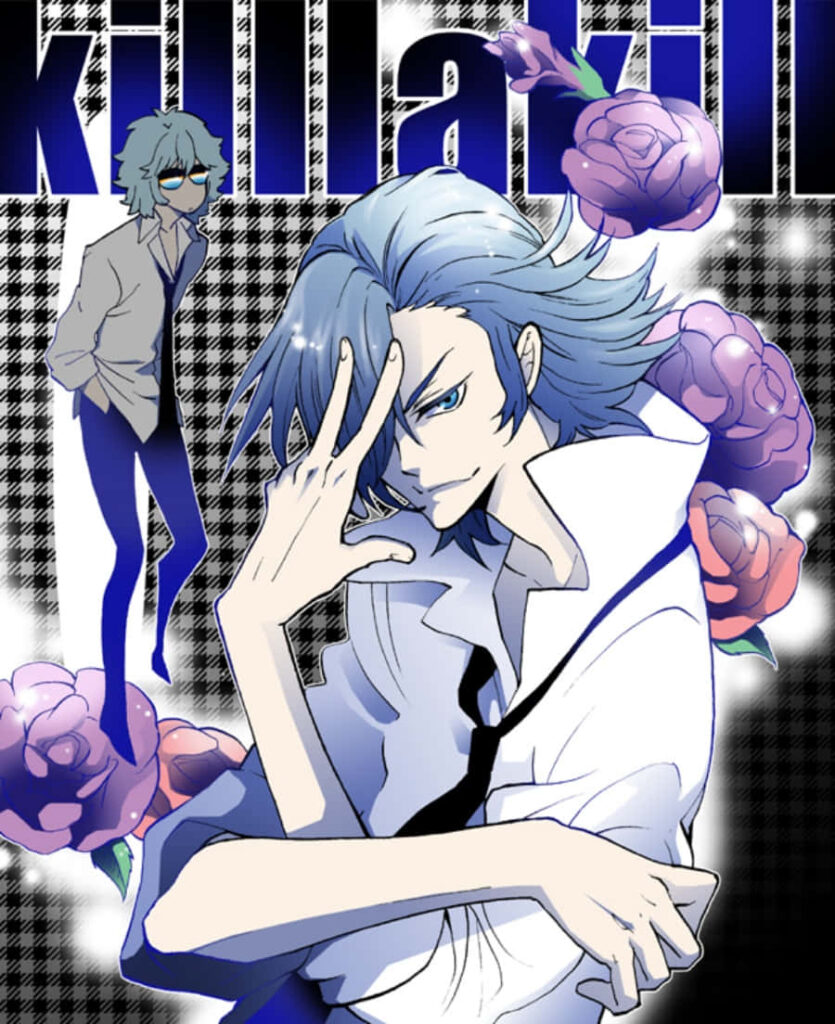 Aikuro Mikisugi from Kill la Kill in dramatic pose with roses and bold vibrant wallpaper background
