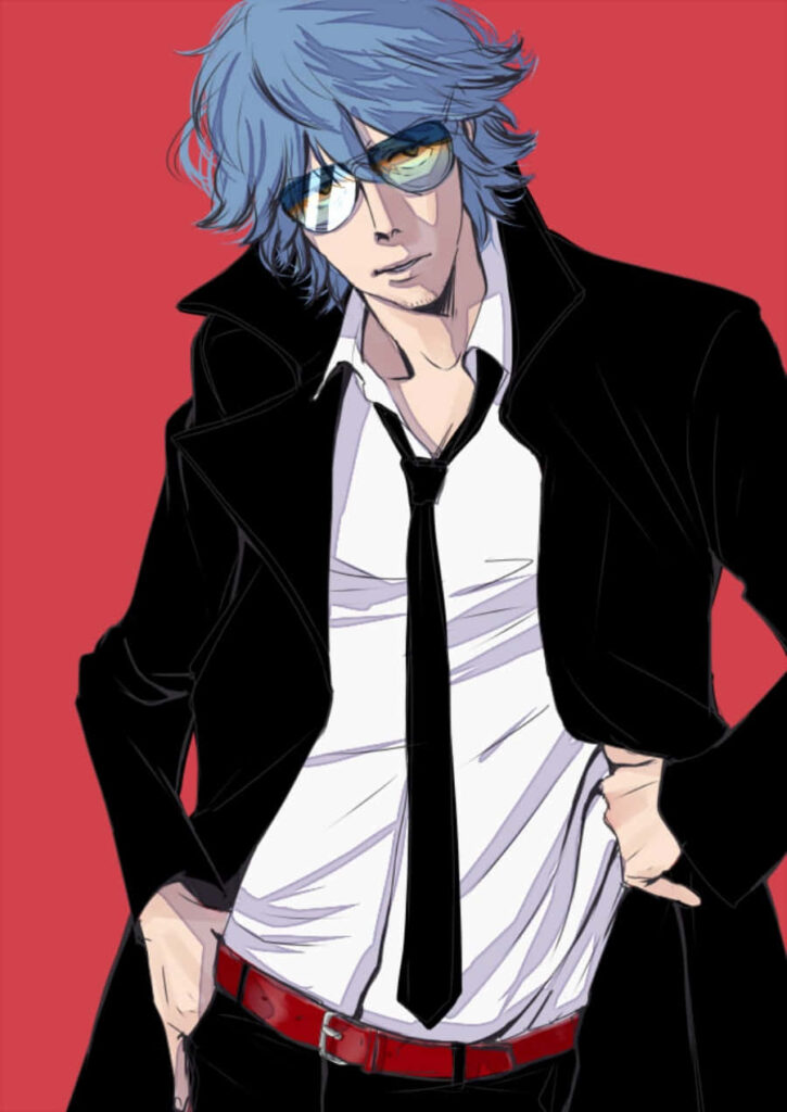 Aikuro Mikisugi in sharp suit with blue hair against bold red anime wallpaper background