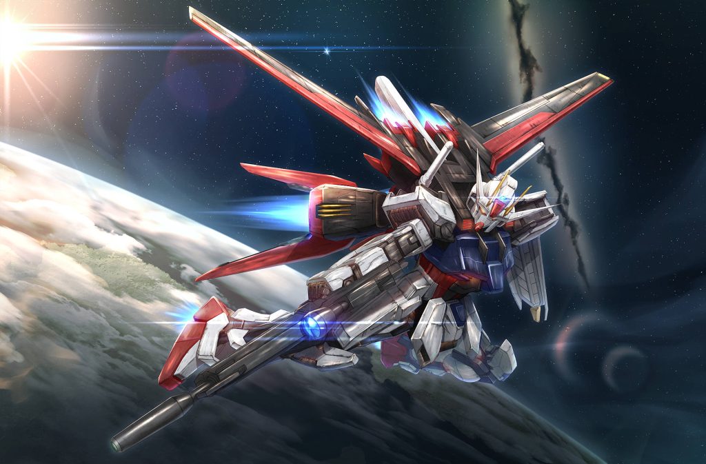 Aile Strike Gundam with Striker pack flying past Earth vibrant thrusters sci-fi anime wallpaper