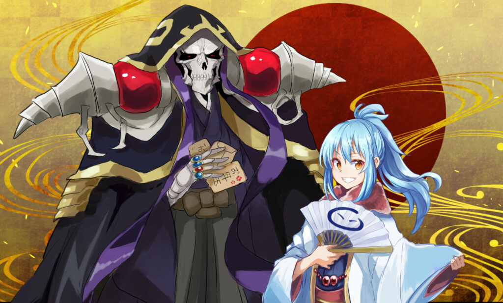 Ainz Ooal Gown and Rimuru Tempest epic crossover wallpaper vibrant golden background anime heroes