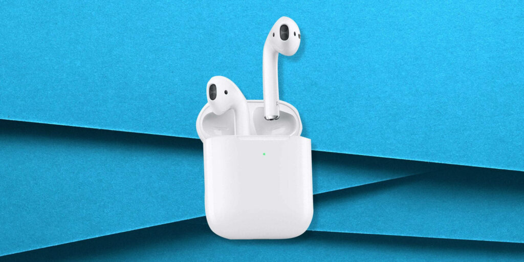 AirPods 2nd Generation sleek design on stylish blue textured high-tech wallpaper background