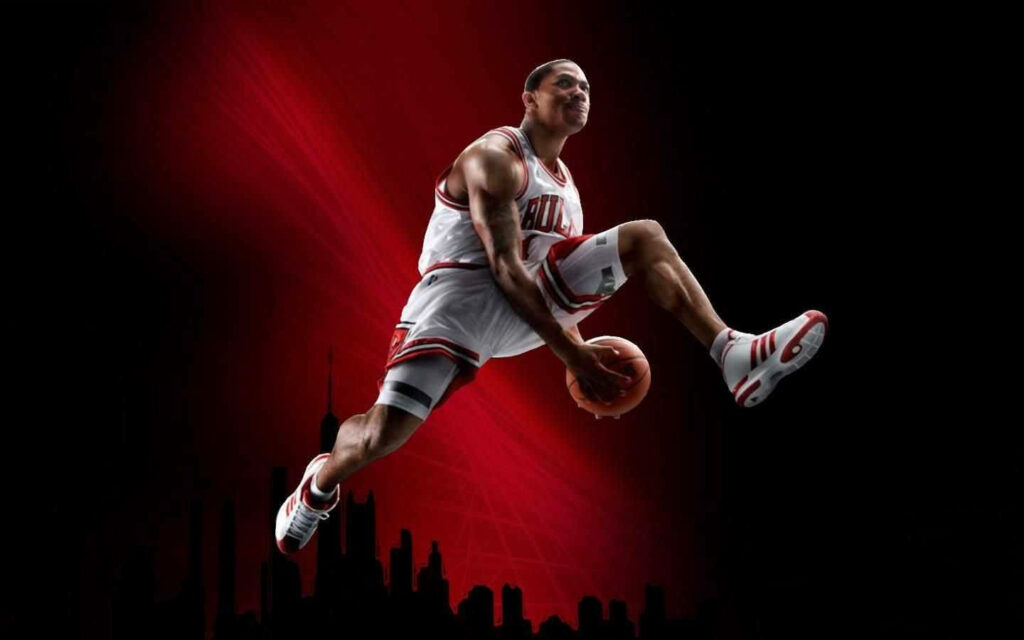 Slam Dunk in the Shadows: A Striking Basketball Image with a Player Soaring against a Dark Crimson and Noir Backdrop Wallpaper
