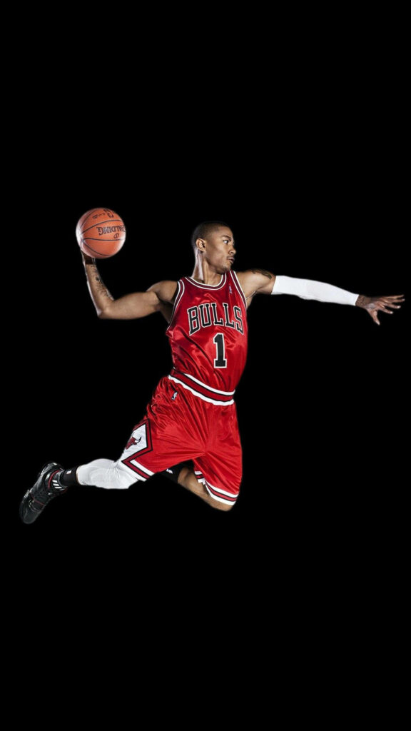 Dynamic Dunk: Derrick Rose Soars in Epic Basketball iPhone Snapshot Wallpaper
