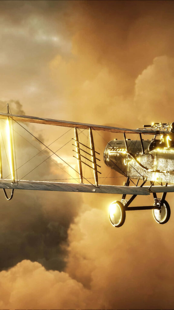 Vintage biplane soaring in dramatic sky, Battlefield 1-inspired aerial battle scene - background photo. Wallpaper