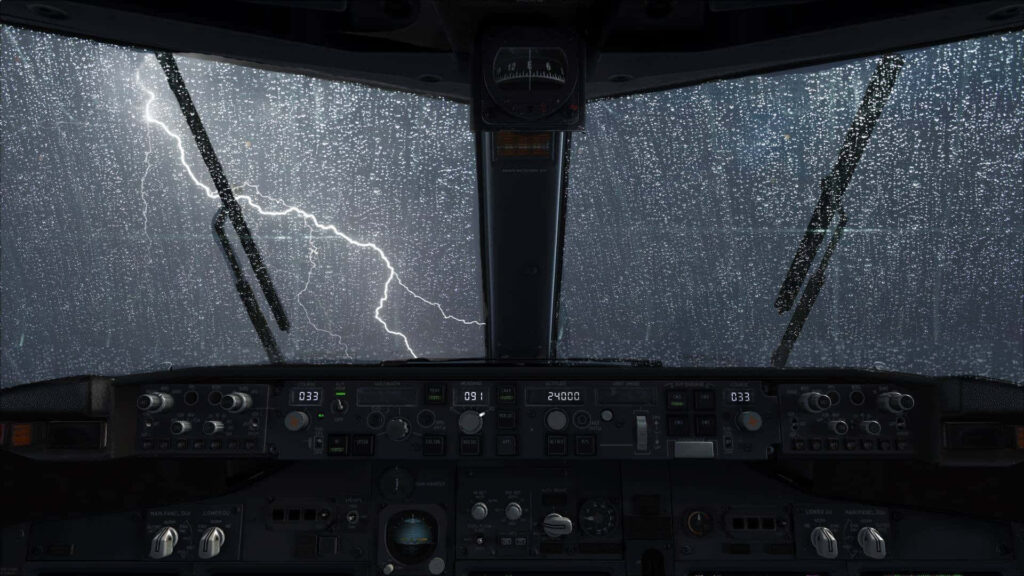 Airplane cockpit during lightning storm with illuminated panels rain-soaked windows dark clouds Wallpaper