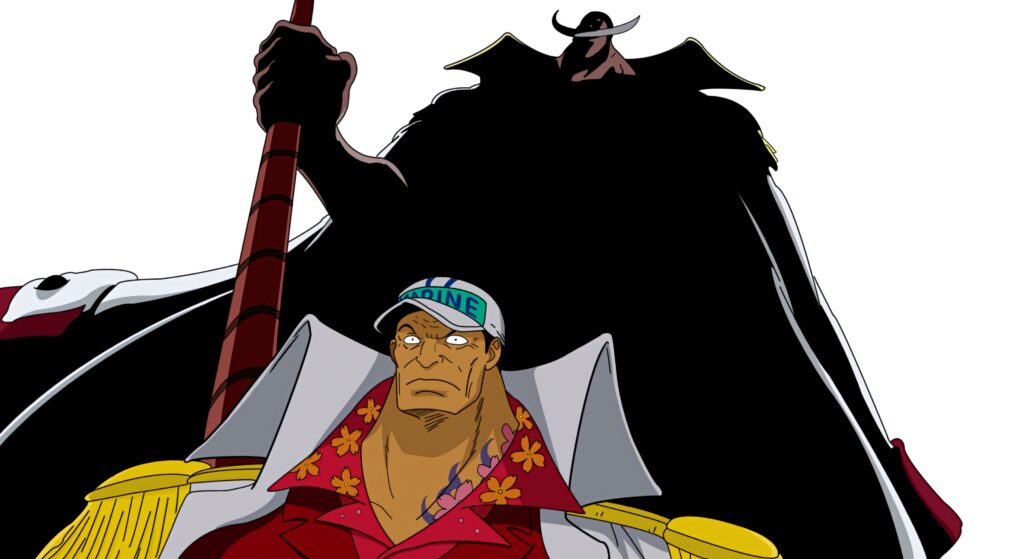 Akainu in Marine uniform stands stern before Whitebeard shadow One Piece anime wallpaper background