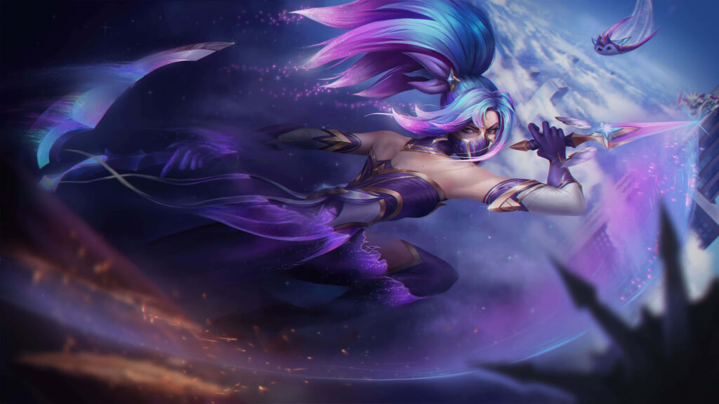 Akali League of Legends Cosmic Stealth skin with cosmic energy and vibrant purple space background Wallpaper